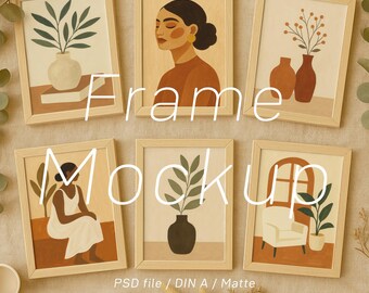 Maquette de cadre mural de galerie : 6 cadres, présentoir de table en bois bohème (PSD)
