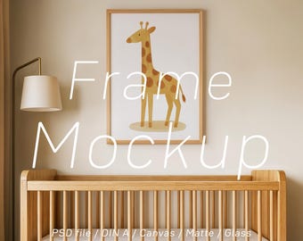 Nursery Frame Mockup: DIN A4 A3, Scandinavian Minimal Wooden Baby Room Wall Art (PSD)