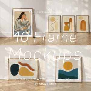 Puede incluir: Una colección de impresiones artísticas enmarcadas con varios diseños y colores abstractos. La imagen incluye el texto "Multiple Frame Colors", "40 Frame Mockups" y "by raraya shop". Las impresiones se muestran en una habitación bien iluminada.