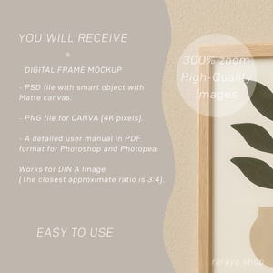May include: A digital frame mockup with a wood frame and a beige background. The frame contains a digital image of a green plant in a brown vase. The text "300% zoom High-Quality Images" is visible in the frame. The text "YOU WILL RECEIVE" and "EASY TO USE" are visible on the left side of the image. The text "raraya shop" is visible in the bottom right corner of the image.