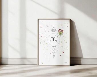 Poster med stjärnteckenet Skorpionen • Andlig och mystisk akvarell illustration • Feminin väggkonst • Digital version