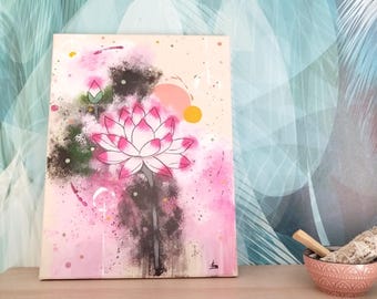 Originalmålning “Lotusblommans prakt” • Målning med helig blomning 30x40 cm • Symbolisk blomsterkonst • Unikt och färgglatt akrylkonstverk