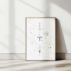 Könnte beinhalten: Ein gerahmter Kunstdruck mit dem Sternzeichen Widder. Das Kunstwerk zeigt das Widder-Symbol in einem gepunkteten Kreis, florale und geometrische Elemente sowie farbige Farbspritzer auf weißem Hintergrund. Der Rahmen hat eine helle Holzfarbe.