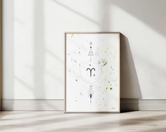 Vädurens stjärnteckenposter • Stjärnteckenillustration • Andlig akvarellkonst • Boho väggdekor • Digital poster