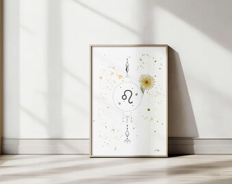 Lejonets stjärnteckenposter • Andlig och solcellsbaserad feminin illustration • Akvarell väggkonst, digital version