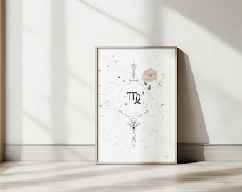 Poster med stjärntecken Jungfrun • Naturlig och andlig akvarell illustration • Feminin väggkonst • Digital version