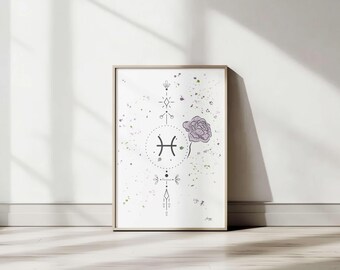 Stjärnteckenposter med Fiskarna • Andlig illustration och intuitiv akvarell • Boho feminin väggkonst • Digital version