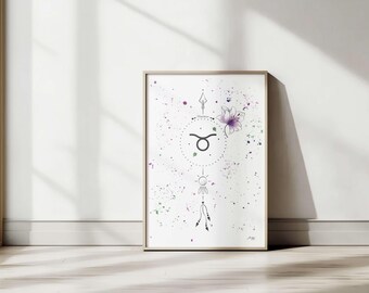 Astrologisk poster med Oxens tecken • Andlig naturillustration • Digital konst • Akvarellstil och heliga symboler