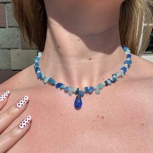 Blue crystal necklace, sea glass necklace with pearls, fun pendant necklace, summer jewelry, gift for her