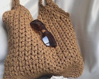 Handmade Crochet Raffia Tote Bag, Boho Chic Beach Handbag