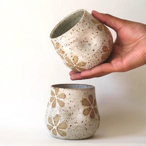 Handmade Ceramic Floral Dimple Tumbler White Speckled Stoneware Cup