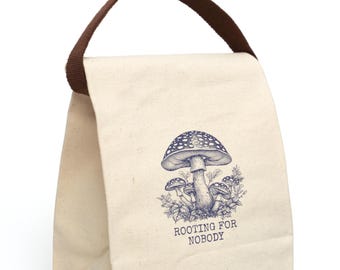 Mushroom Canvas Lunch Tote, "Rooting for Nobody" Graphic, Eco-Friendly Reusable Sack