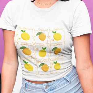 Lemon Coquette T-Shirt with Citrus Fruit Print, Summer Fruits Tee, Amalfi Lemon & Orange Pattern Top, Fruit Lover Gift Shirt