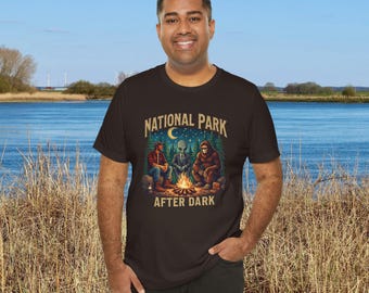 National Park After Dark T-shirt, Bigfoot Alien Camping Tee, Outdoor Adventure Cryptid Gift for Nature Lovers