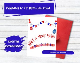Afdrukbare rood wit blauwe verjaardagskaart | Digitale download verjaardagskaart | Verjaardagskaart