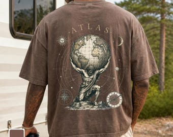 Atlas World Graphic T-Shirt for Men, Vintage Explorer Tee, Mythology Atlas Shirt, World Map Travel Shirt, Adventure Graphic Tee