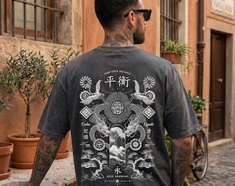 Japanese Dragon T-Shirt, Zen Balance Graphic Tee, Crane Back Print Shirt, Men Premium Streetwear, Samurai Inspired Apparel