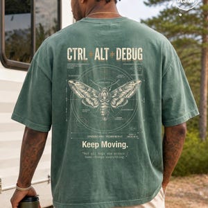Ctrl Alt Debug t-shirt with moth blueprint graphic on back by Northbound for software developers