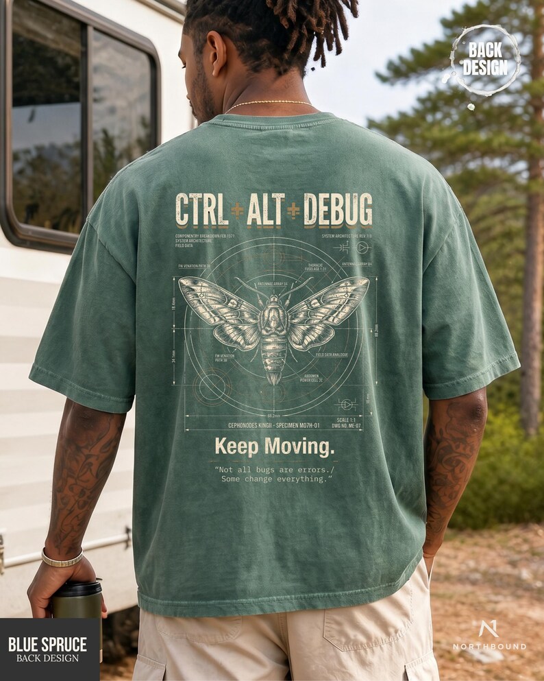 Ctrl Alt Debug t-shirt with moth blueprint graphic on back by Northbound for software developers