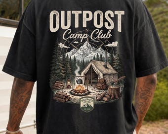 Camping T-Shirt, Outpost Camp Club Graphic Tee, Wilderness Shirt, Men's Outdoor Shirt, Hiking Graphic Tee, Campfire Shirt, Gift for Camper