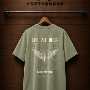 Ctrl Alt Debug t-shirt with moth blueprint graphic on back by Northbound for software developers