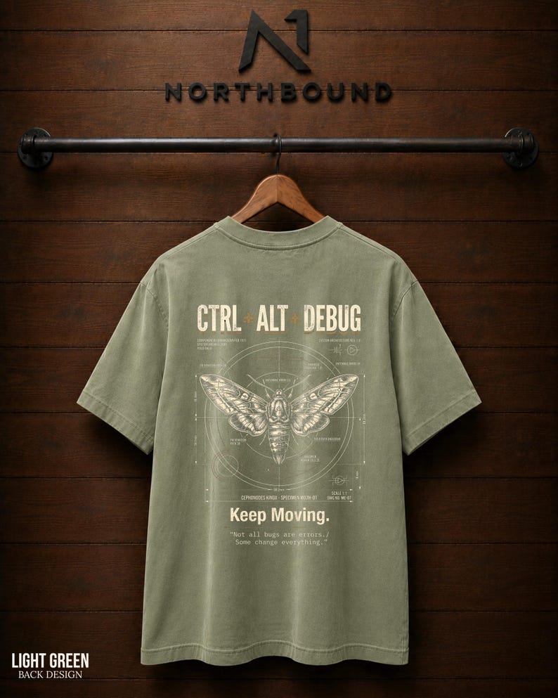 Ctrl Alt Debug t-shirt with moth blueprint graphic on back by Northbound for software developers
