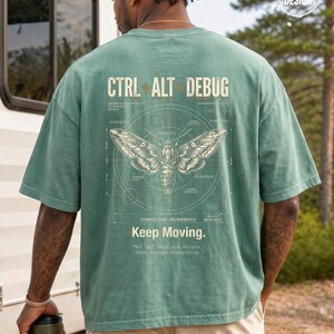 Ctrl Alt Debug t-shirt with moth blueprint graphic on back by Northbound for software developers