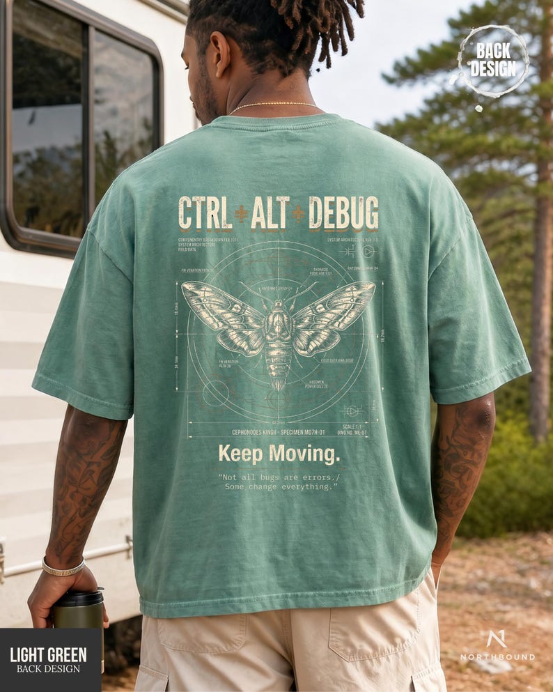 Ctrl Alt Debug t-shirt with moth blueprint graphic on back by Northbound for software developers