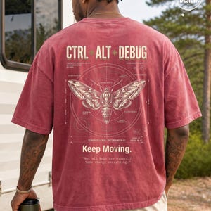Ctrl Alt Debug t-shirt with moth blueprint graphic on back by Northbound for software developers