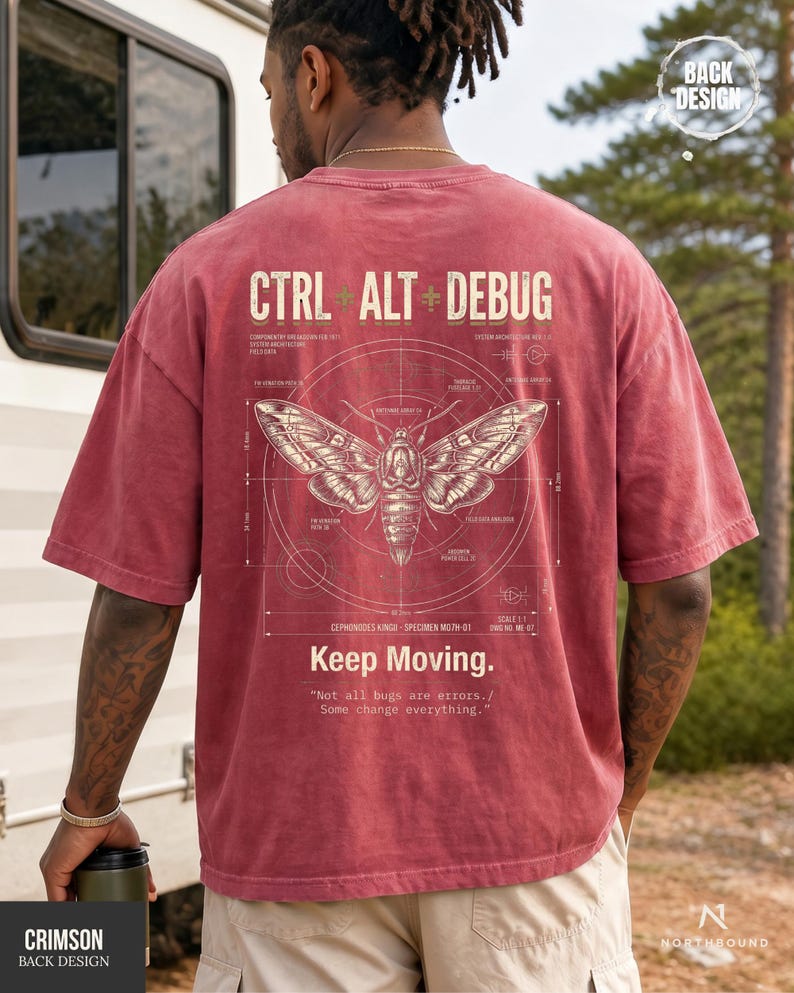 Ctrl Alt Debug t-shirt with moth blueprint graphic on back by Northbound for software developers