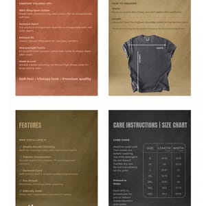 May include: A four-panel informational graphic for a Comfort Colors 1717 t-shirt. Panels detail fabric quality, a measurement guide with a charcoal t-shirt, product features, and care instructions with a size chart listing lengths and widths in inches.