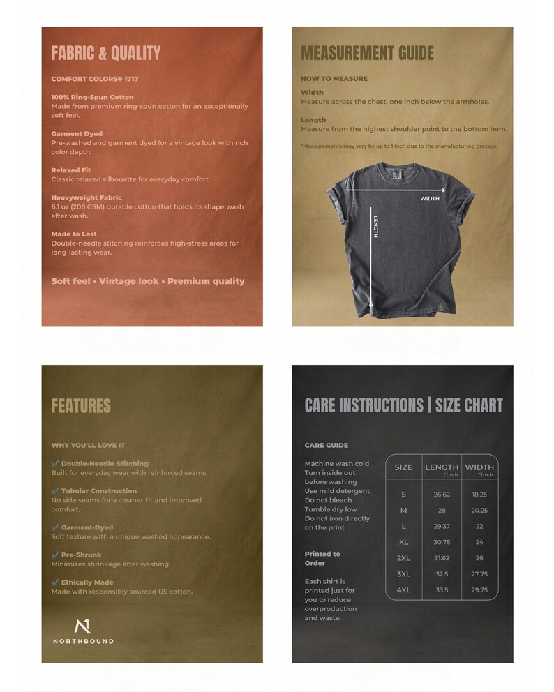 May include: A four-panel informational graphic for a Comfort Colors 1717 t-shirt. Panels detail fabric quality, a measurement guide with a charcoal t-shirt, product features, and care instructions with a size chart listing lengths and widths in inches.