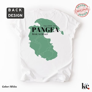 May include: White t-shirt with a green map of Pangea, the supercontinent, and the text "PANGEA BEFORE THE BREAKUP". The shirt also has the text "PANGEA 335M BC - 175M BC". The shirt has a "BACK DESIGN" label.