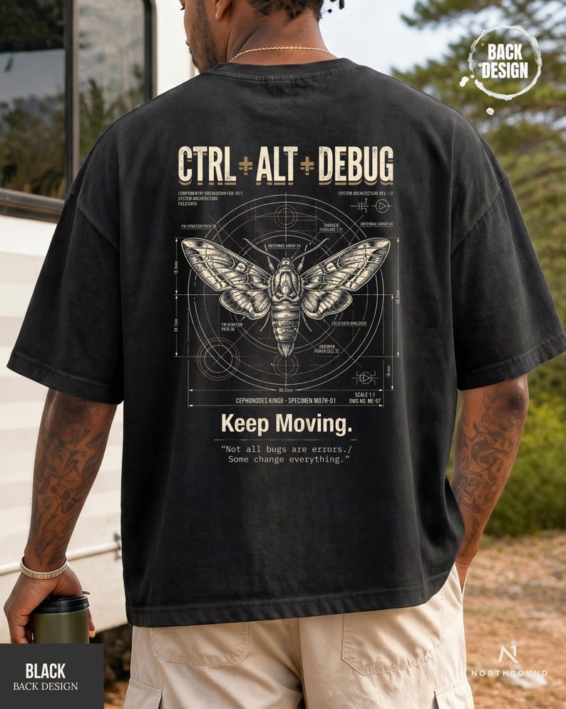Ctrl Alt Debug t-shirt with moth blueprint graphic on back by Northbound for software developers