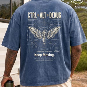 Ctrl Alt Debug t-shirt with moth blueprint graphic on back by Northbound for software developers