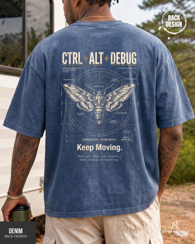Ctrl Alt Debug t-shirt with moth blueprint graphic on back by Northbound for software developers