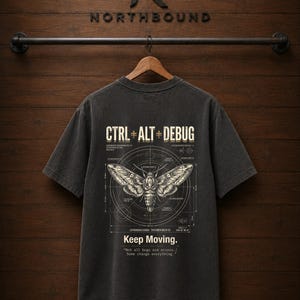 Ctrl Alt Debug t-shirt with moth blueprint graphic on back by Northbound for software developers
