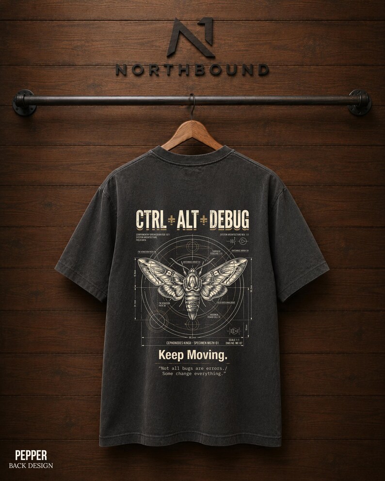 Ctrl Alt Debug t-shirt with moth blueprint graphic on back by Northbound for software developers