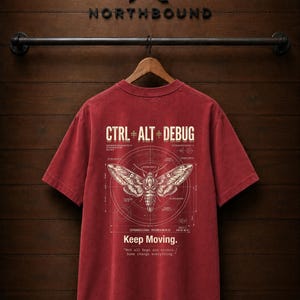 Ctrl Alt Debug t-shirt with moth blueprint graphic on back by Northbound for software developers