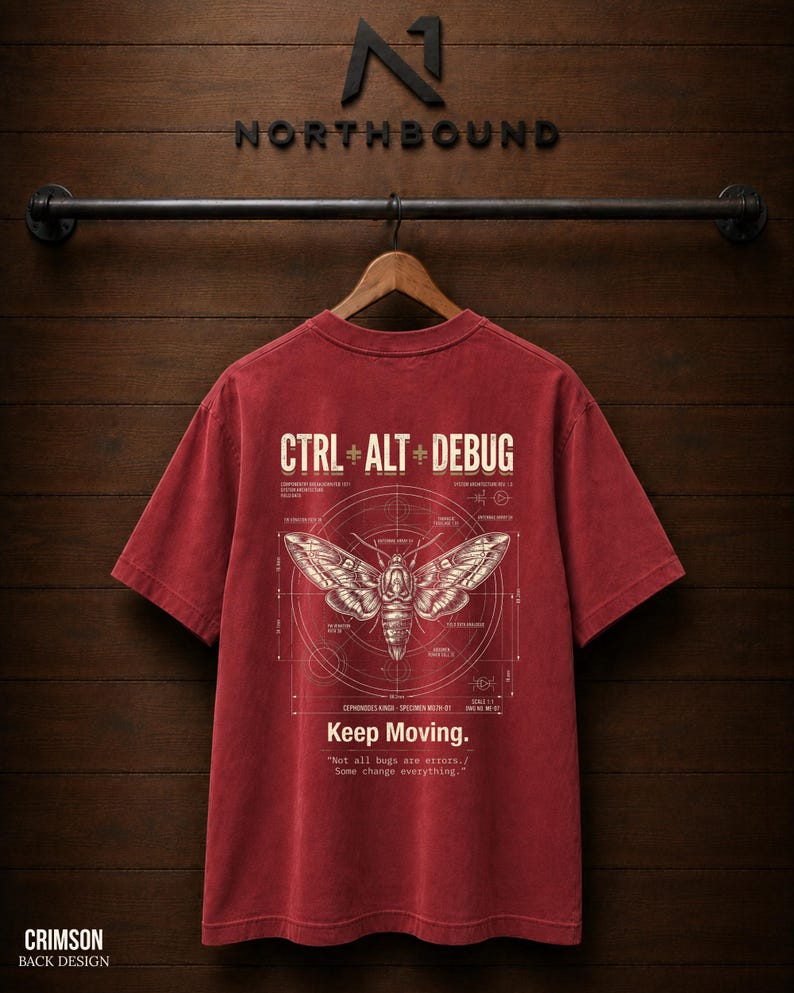Ctrl Alt Debug t-shirt with moth blueprint graphic on back by Northbound for software developers