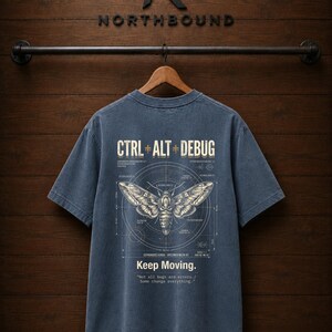 Ctrl Alt Debug t-shirt with moth blueprint graphic on back by Northbound for software developers