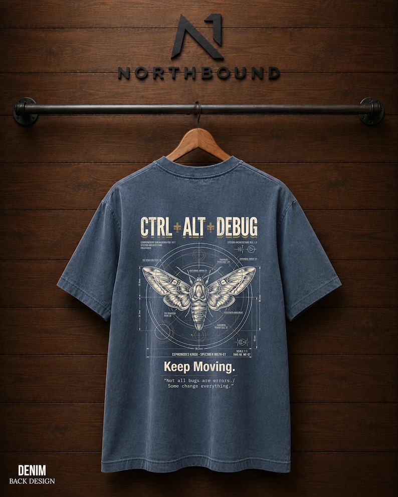 Ctrl Alt Debug t-shirt with moth blueprint graphic on back by Northbound for software developers