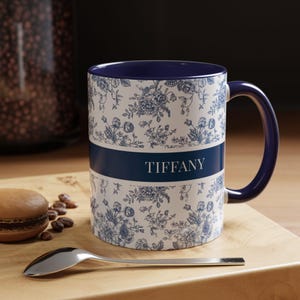 Personalized Name Mug: Custom Blue Toile Design, Vintage Coffee Cup, Elegant Housewarming Gift