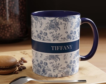 Personalized Name Mug: Custom Blue Toile Design, Vintage Coffee Cup, Elegant Housewarming Gift