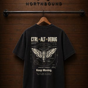 Ctrl Alt Debug t-shirt with moth blueprint graphic on back by Northbound for software developers