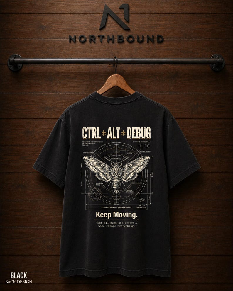 Ctrl Alt Debug t-shirt with moth blueprint graphic on back by Northbound for software developers