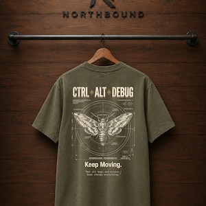 Ctrl Alt Debug t-shirt with moth blueprint graphic on back by Northbound for software developers