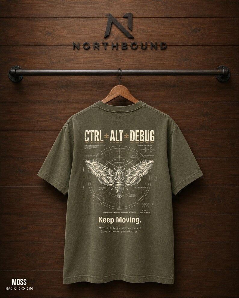 Ctrl Alt Debug t-shirt with moth blueprint graphic on back by Northbound for software developers