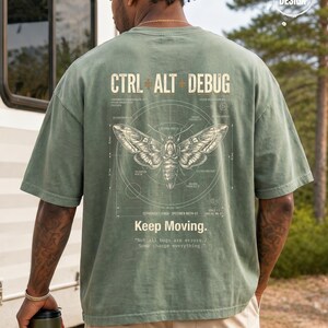 Ctrl Alt Debug t-shirt with moth blueprint graphic on back by Northbound for software developers