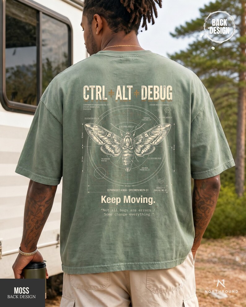 Ctrl Alt Debug t-shirt with moth blueprint graphic on back by Northbound for software developers